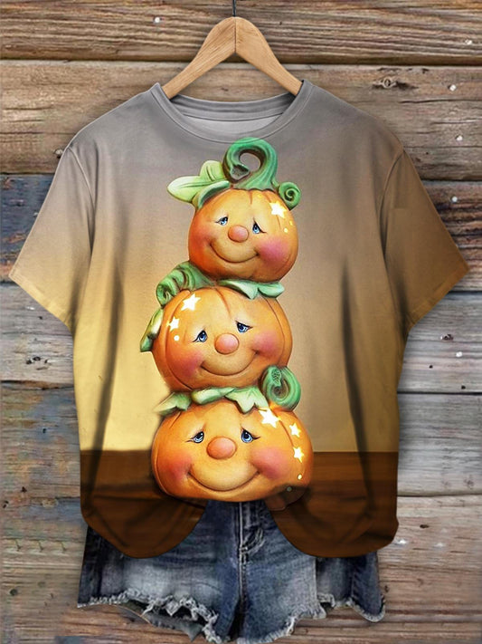 Cute Pumpkin Print Casual Short Sleeve Top