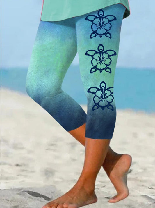 Gradient Abstract Flower Turtle Print Stretch Leggings