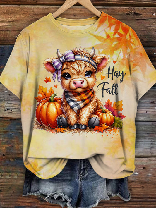 Hay Fall Pumpkin Cute Cow Retro Print Short Sleeve T-shirt