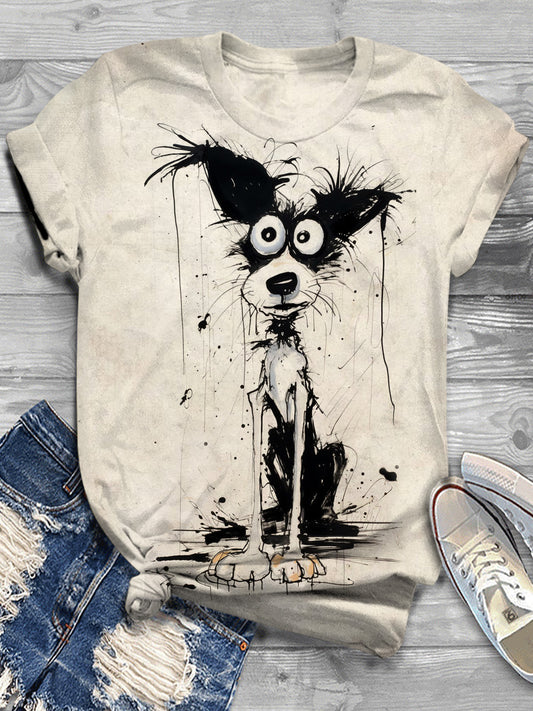 Women's Funny Dog Print Crew Neck T-shirt