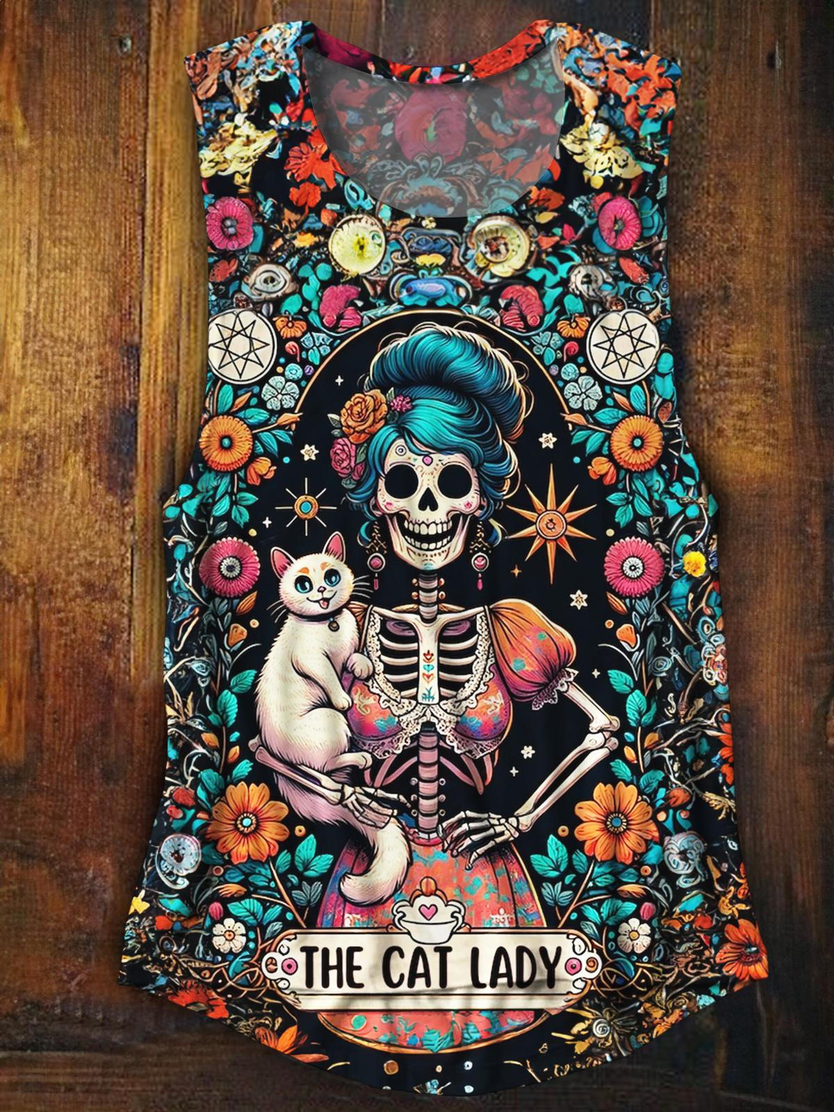 The Cat Lady Funny Skull Printed Sleeveless Tank Top