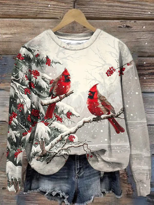 Women's Winter Snow Scene Bird Retro Print Round Neck Long Sleeve Top