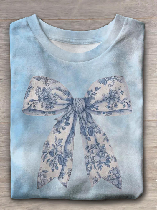 Blue Flower Coquette Bow Fall Crew Neck T-shirt