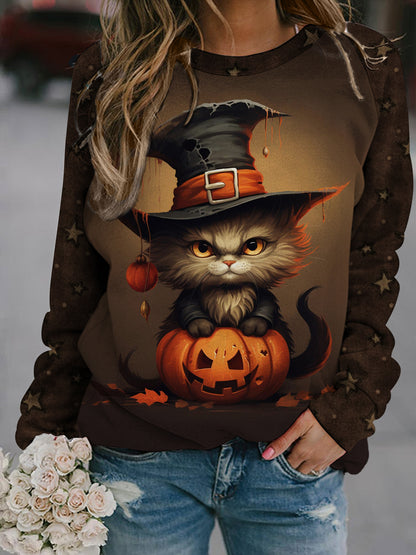 Women's Halloween Cat Vintage Print Long Sleeve Top