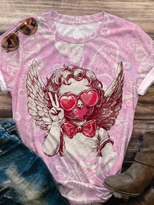 Retro Valentine's Day Angel Baby Fun Print Casual T-shirt