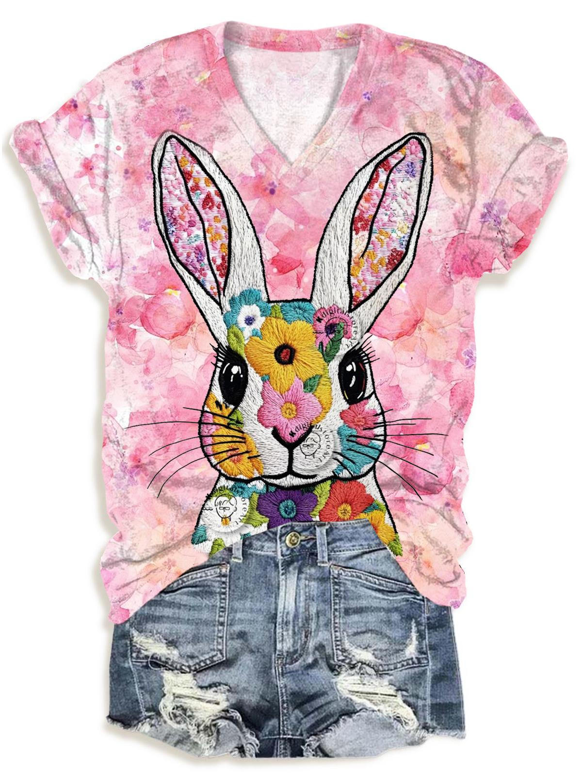 Easter Bunny Faux Embroidery V-neck T-Shirt