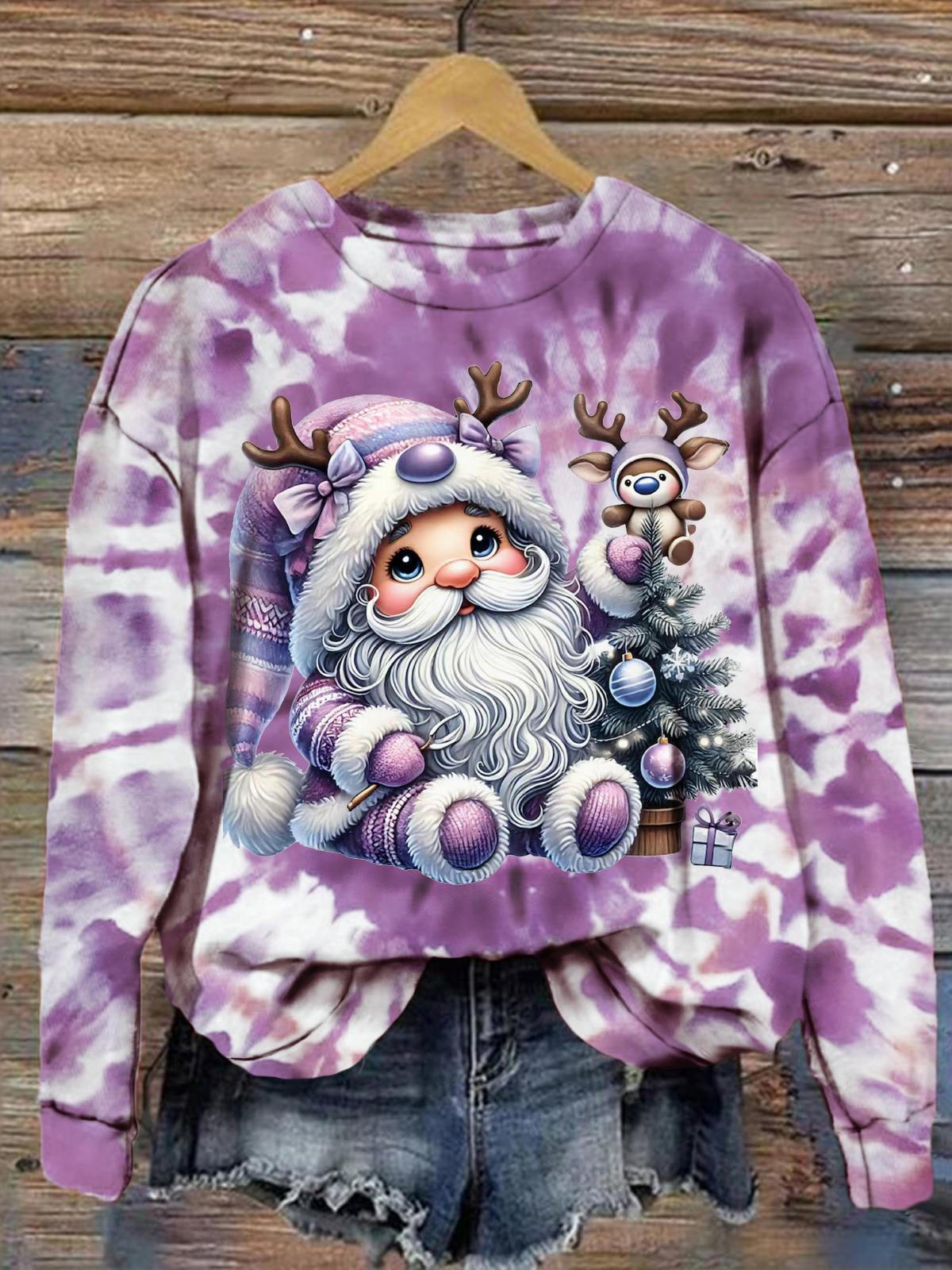 Women's Christmas Elk Tie Dye Print Crew Neck Casual Top