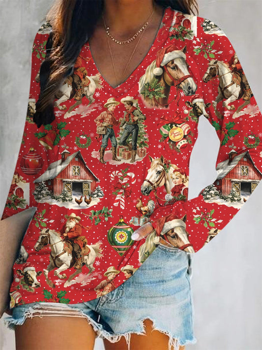 Vintage Western Horse Christmas V-Neck Long Sleeve T-Shirt