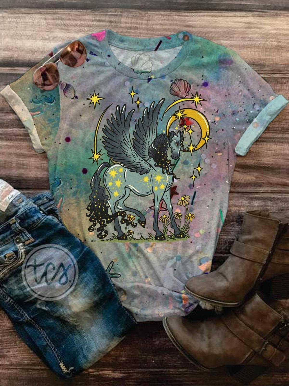 Women's Summer Star Horse Print Round Neck Short Sleeve Top