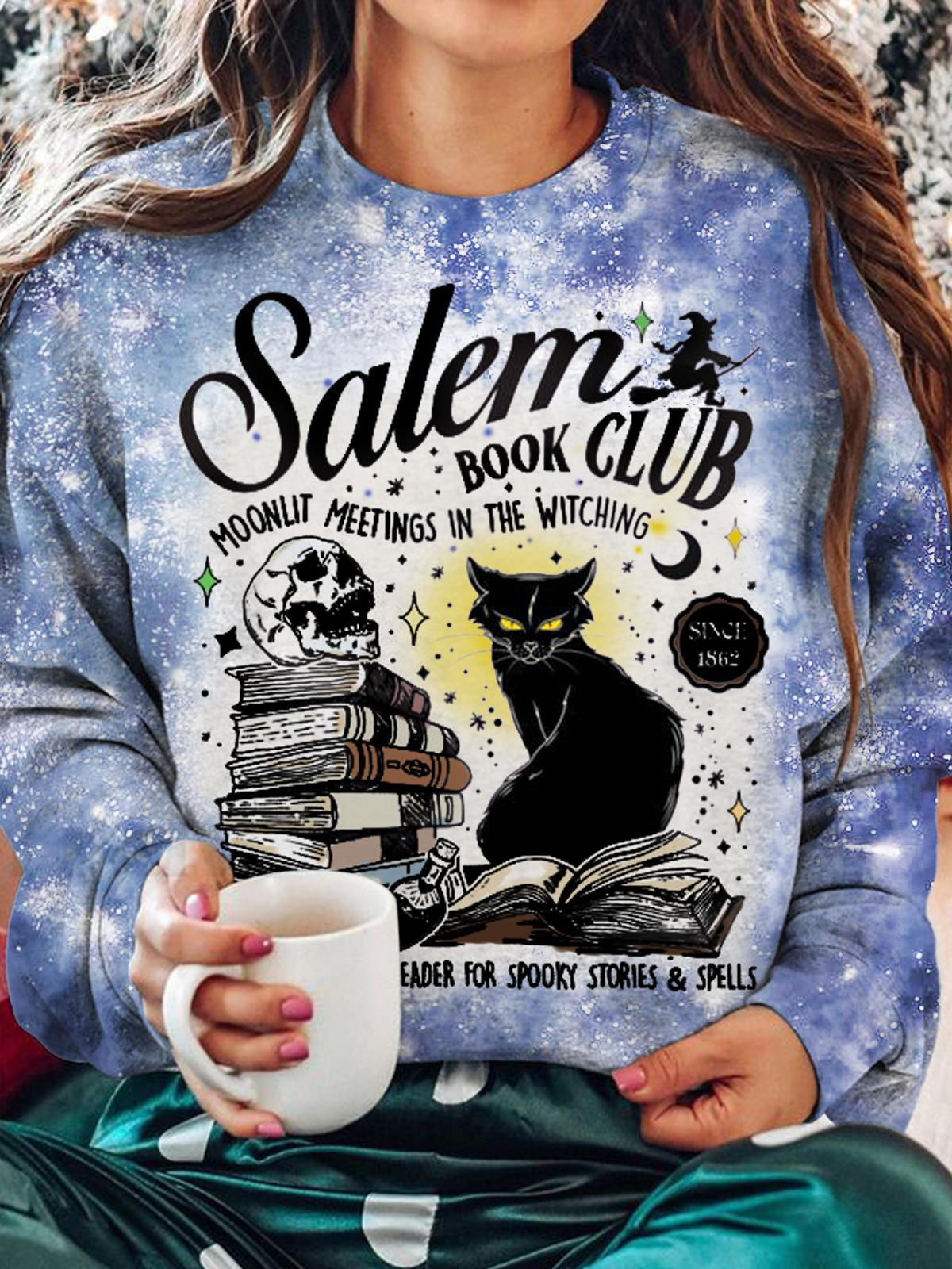 Women's Salem Book Club Creative Cat Print Vintage Crew Neck Long Sleeve Top