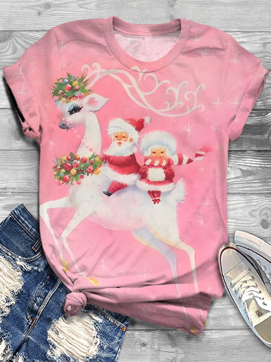 Santa And Elk Print Crew Neck T-shirt