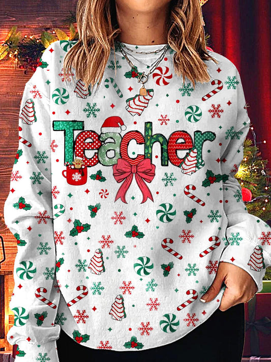 Women's Teacher Christmas Printed Long Sleeve Casual Top