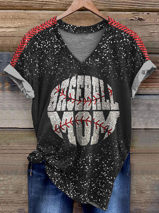 Retro Baseball Sequin Print V-Neck T-Shirt