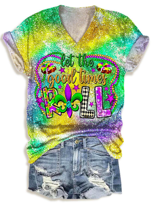 Let the Good Times Roll Mardi Gras Print V-Neck T-Shirt