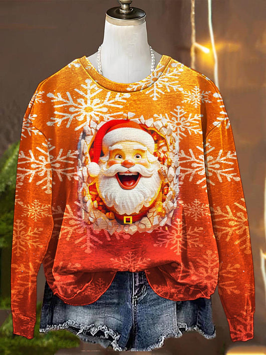 Women's Christmas 3D Snowflake Santa Printed Long Sleeve Casual Top