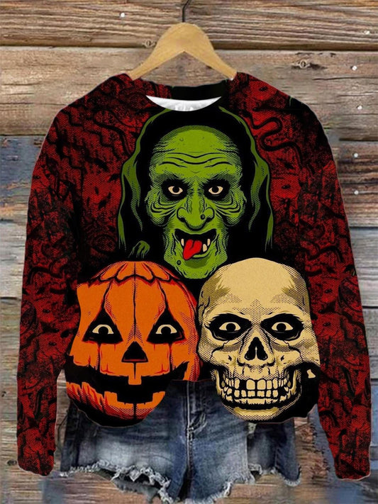 Halloween Skull Print Round Neck Long Sleeve Top