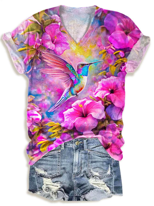 Purple Floral Hummingbird V-neck T-Shirt