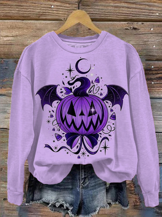 Funny Purple Pumpkin Printed Long Sleeve Casual Top