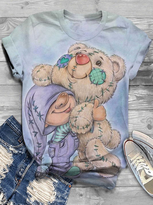 Vintage Teddy Bear Print Crew Neck T-Shirt