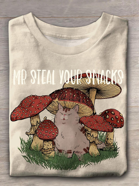 Mushroom Cat Retro Casual Print Round Neck Short Sleeve T-shirt