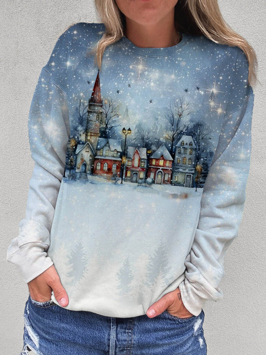 Women's Winter Snow Scene Round Neck Long Sleeve Top