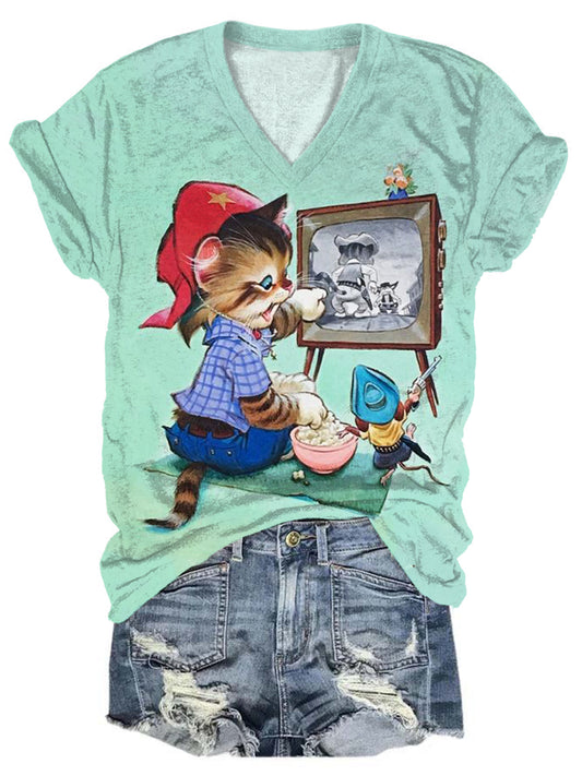 Vintage Cowboy Kitten And Mouse V-Neck T-Shirt