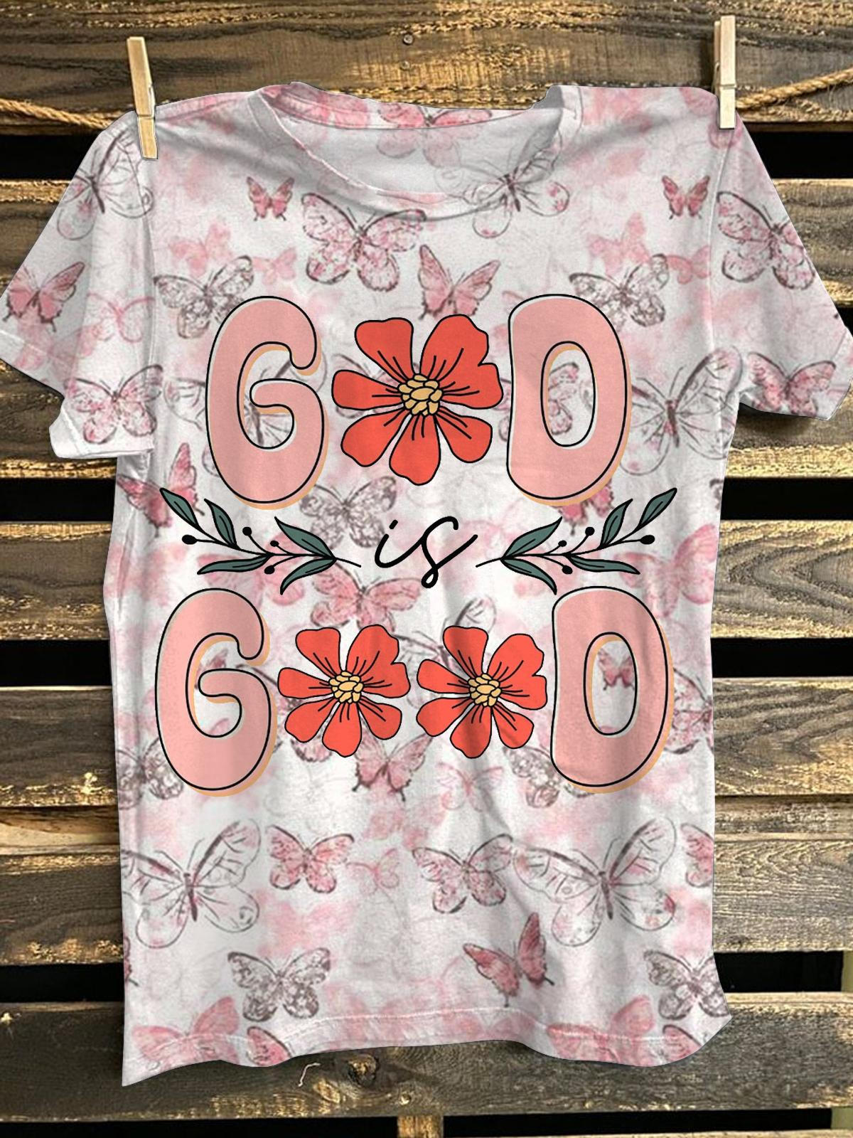 God is Good Butterfly Printed Crew Neck T-shirt