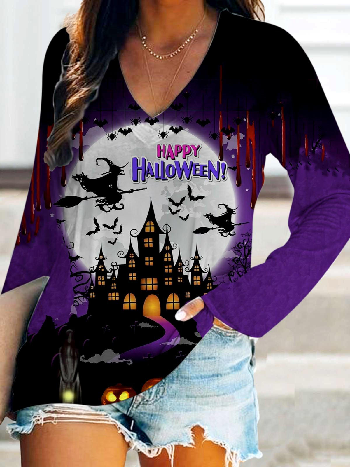 Halloween Witch Print V-Neck Long Sleeve T-Shirt