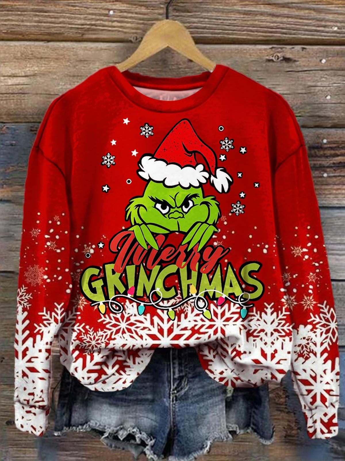 Merry Christmas Movie Character Snowflake Print Long Sleeve Top