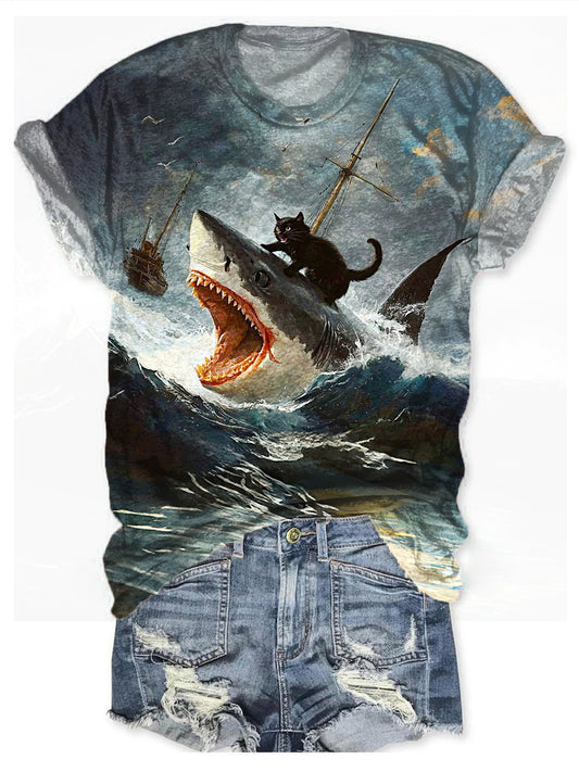 Cute Cat And Shark Printed Crew Neck T-shirt