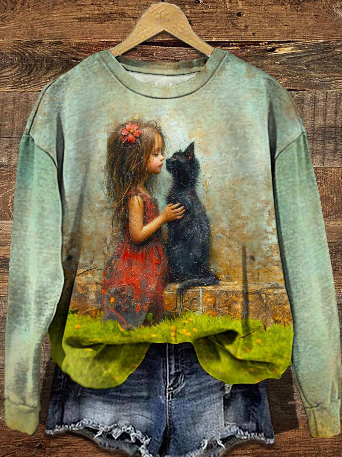 Women's Retro Autumn Girls Kitty Long Sleeve Casual Top