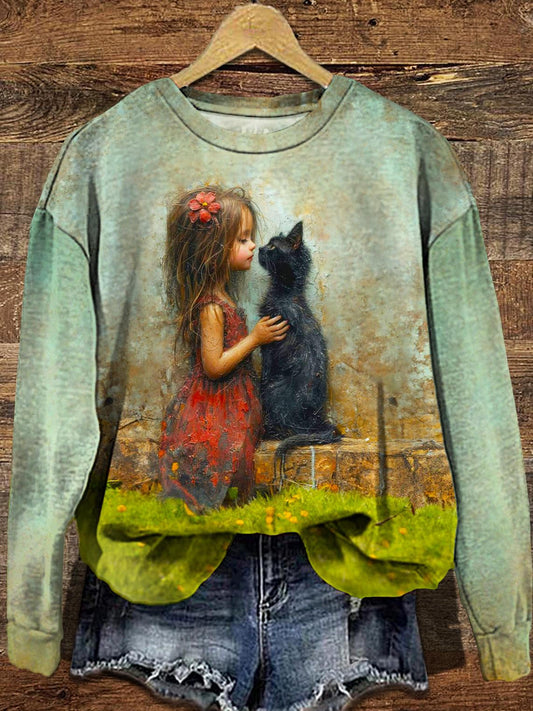 Women's Retro Autumn Girls Kitty Long Sleeve Casual Top