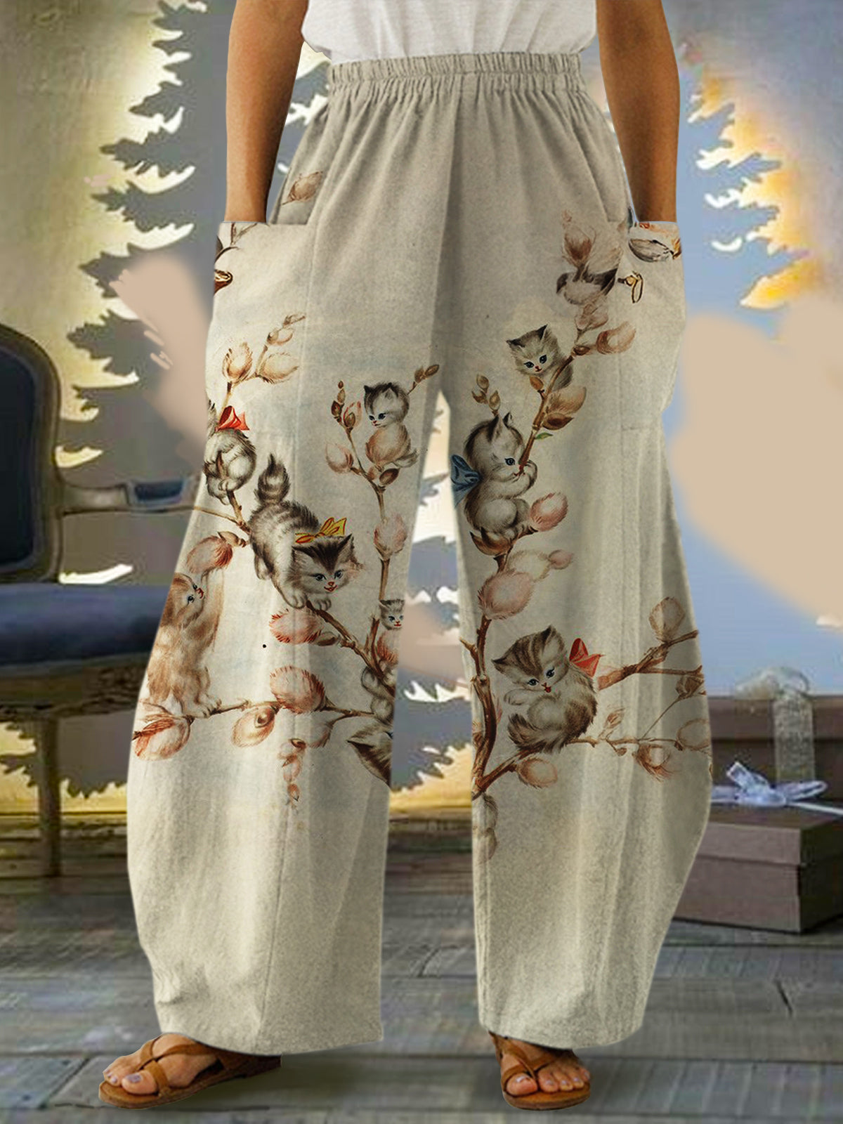 Cute Cat Animal Tree Retro Print Casual Loose Trousers