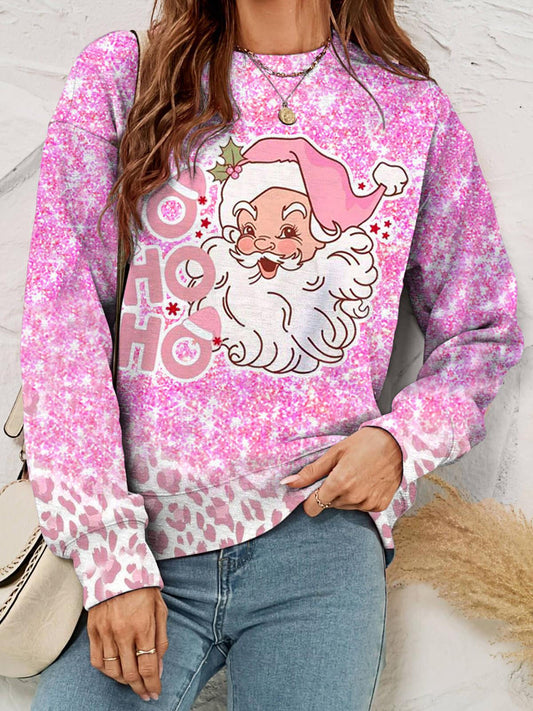 Santa Claus Pink Glitter Leopard Print Crew Neck Long Sleeve Top