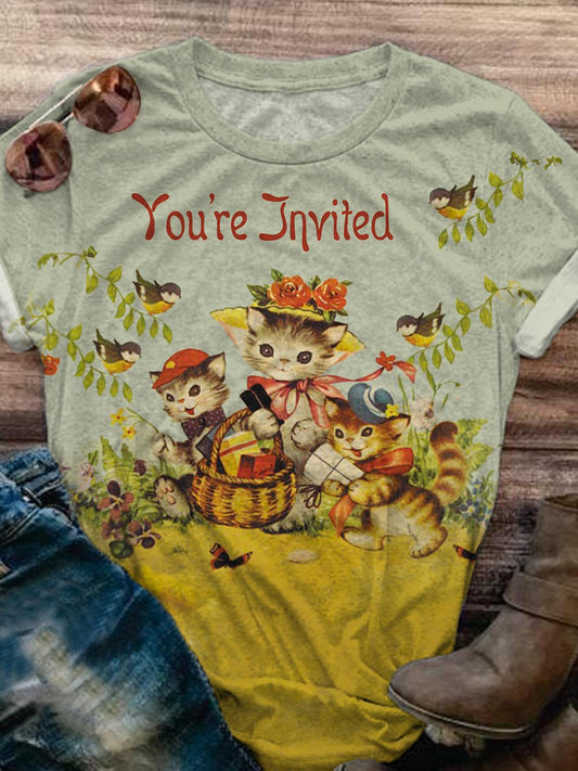 You're Invited Cat Retro Print Short Sleeve T-shirt