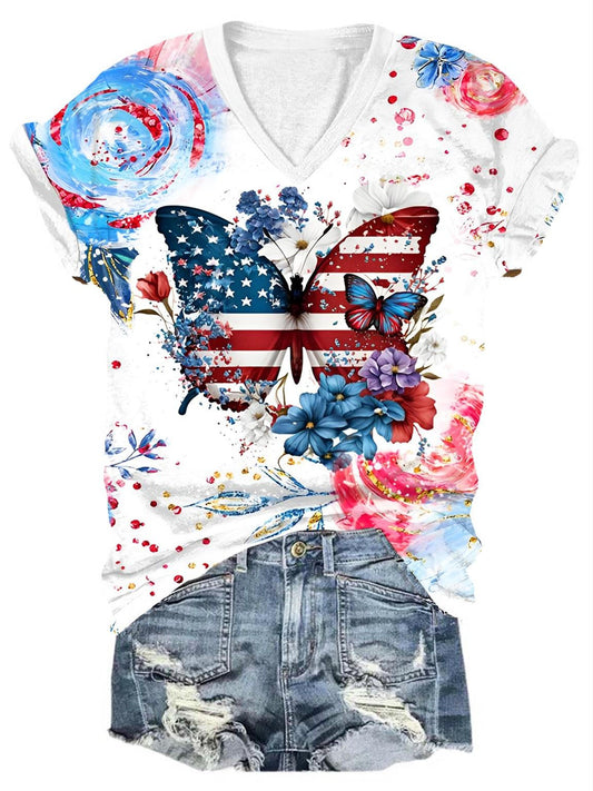 Independence Day Floral Butterfly Print V-Neck T-Shirt