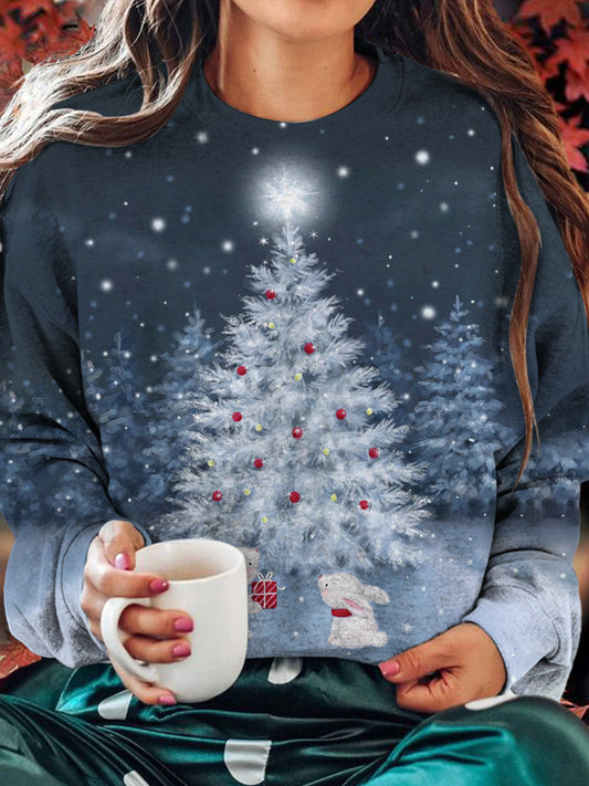 Christmas Tree With Rabbits Printed Long Sleeve Casual Top