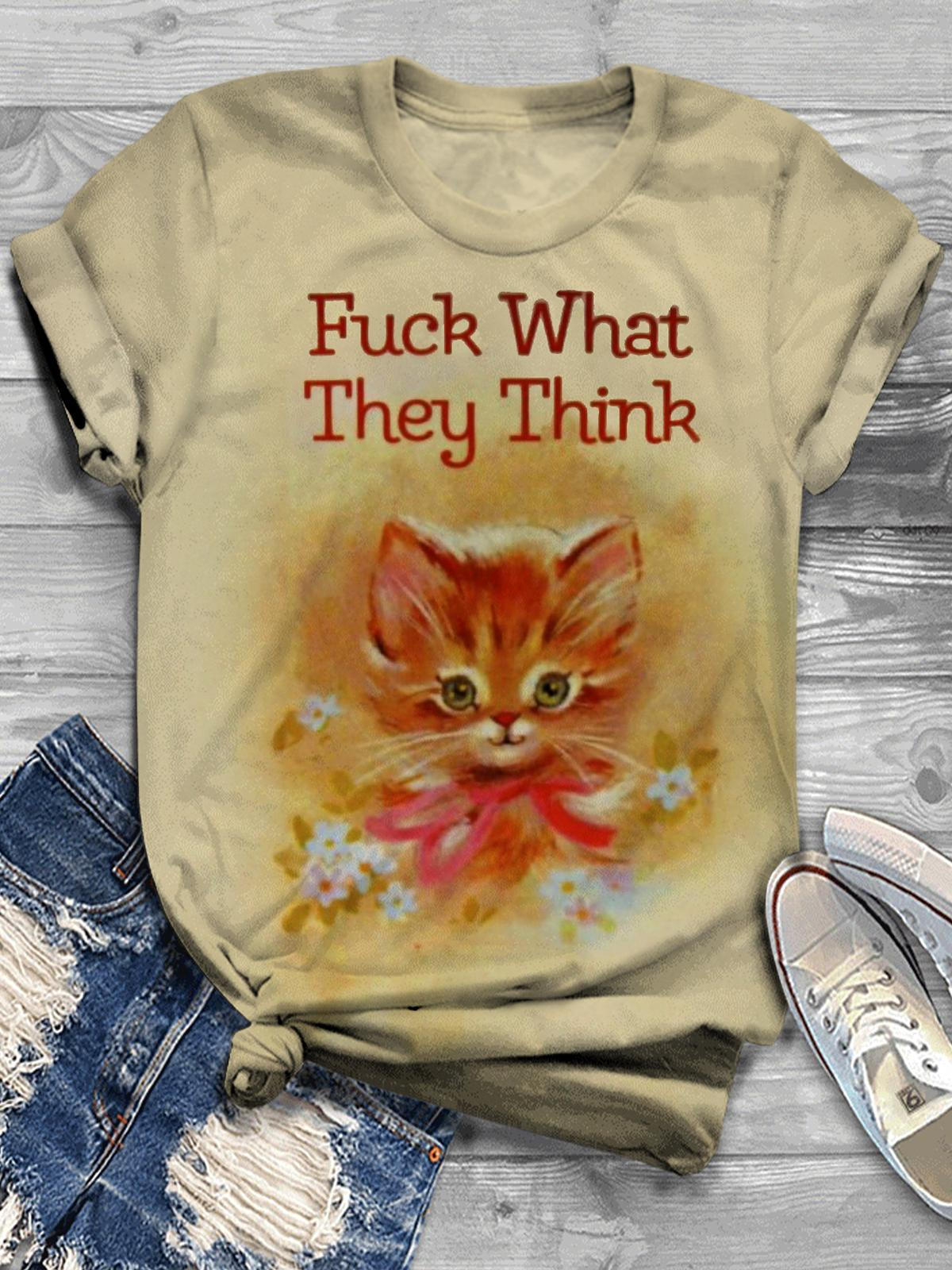 Fuck What They Think Retro Cat Print Casual T-shirt