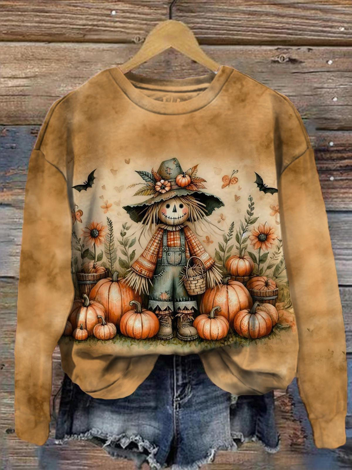 Women's Autumn Pumpkin Vintage Print Long Sleeve Top