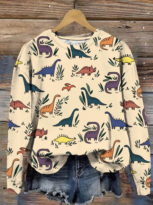 Women's Cute Dinosaur Vintage Floral Print Long Sleeve Top