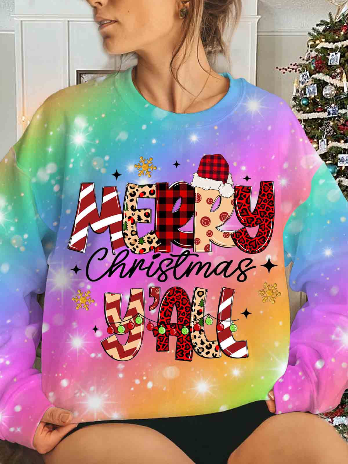 Merry Merry Yall Printed Long Sleeve Casual Top