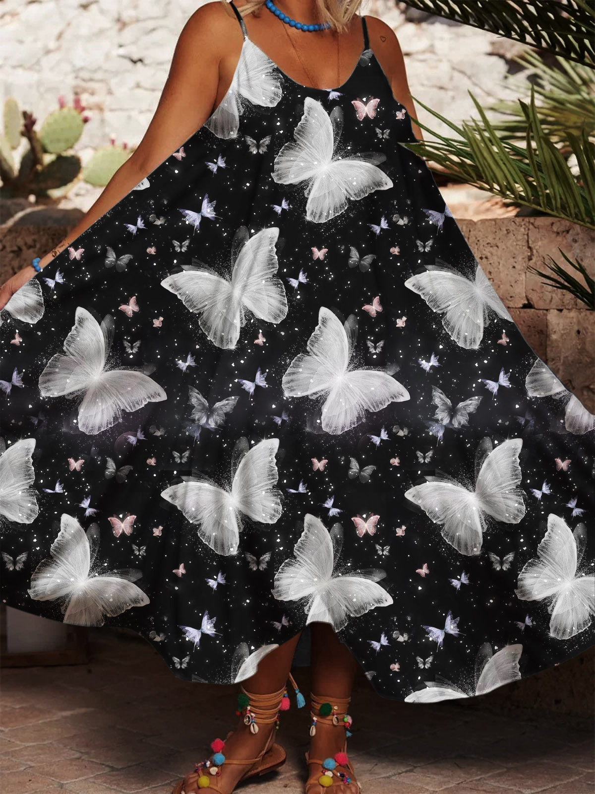 Women's Butterfly Printed Casual Spaghetti Strap Dress