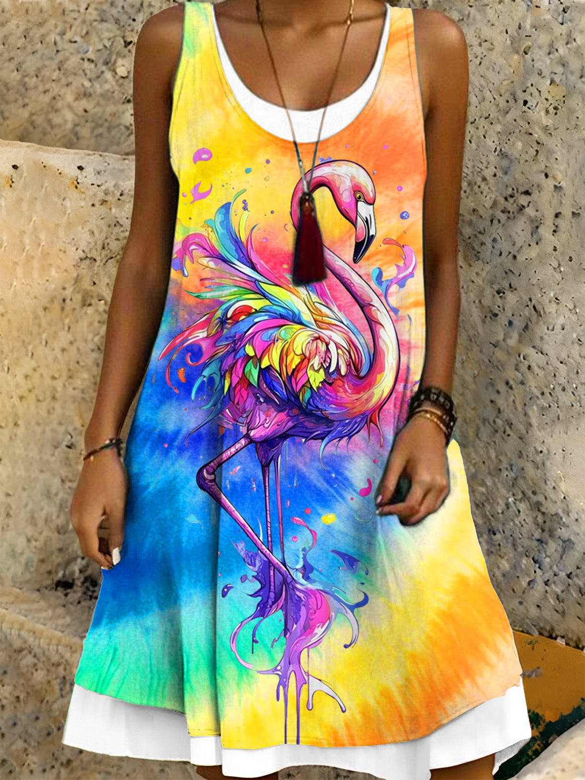 Flamingo Tie Dye Ladies False Two Dress