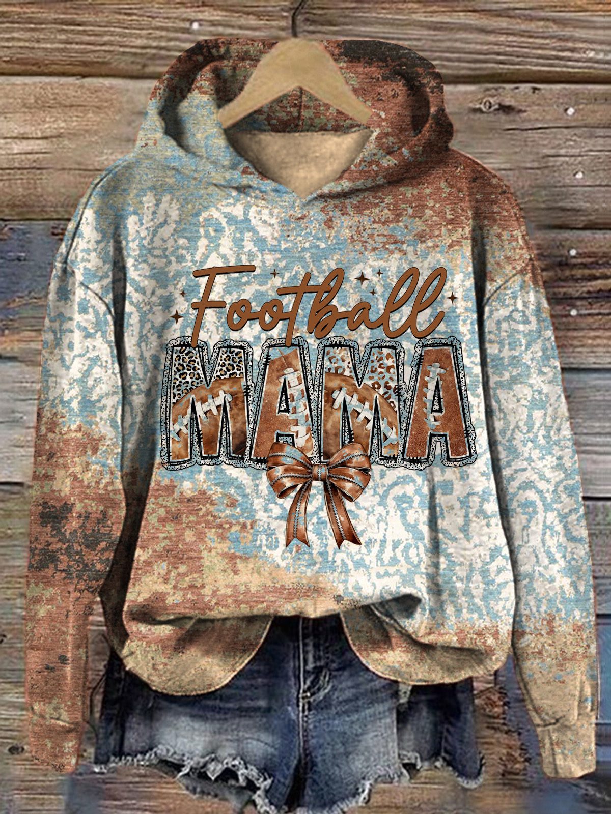 Retro Football Print Long Sleeve Printed Hoodie