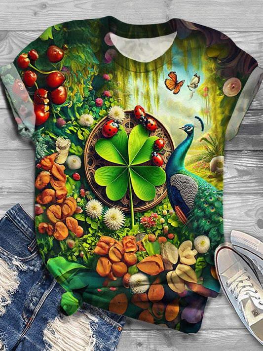 St. Patrick's Day Four Leaf Clover Peacock Print Crew Neck T-shirt