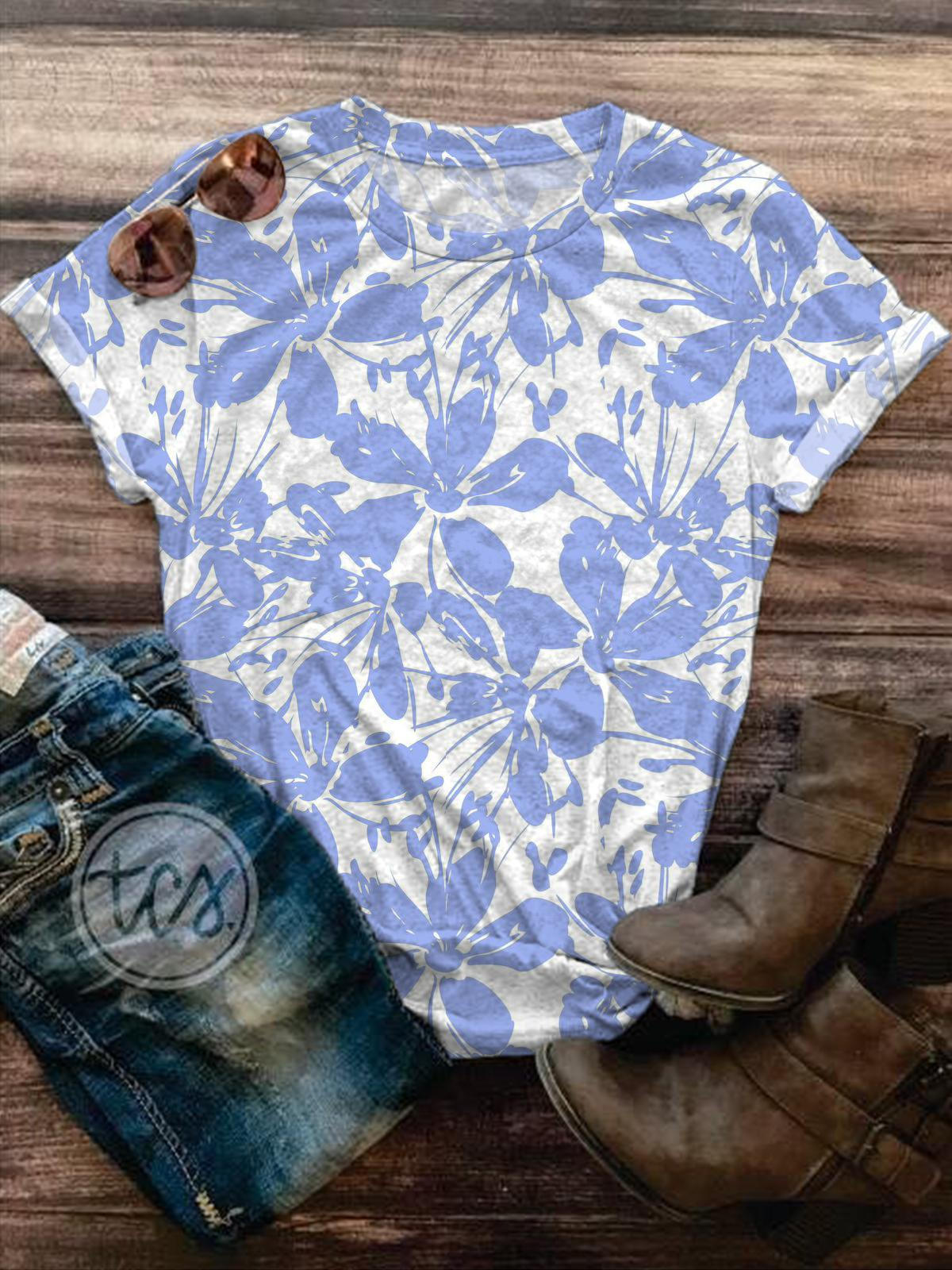 Women's Summer Cute Simple Floral Print Crew Neck Top