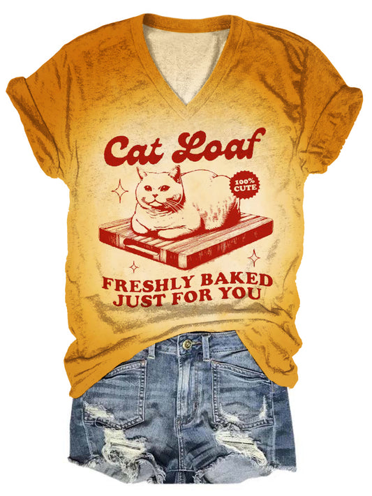 Cat Loaf V-Neck Short Sleeve T-Shirt