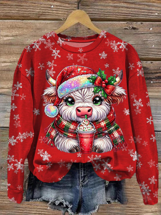 Women's Cute Christmas Cow Round Neck Long Sleeve Top