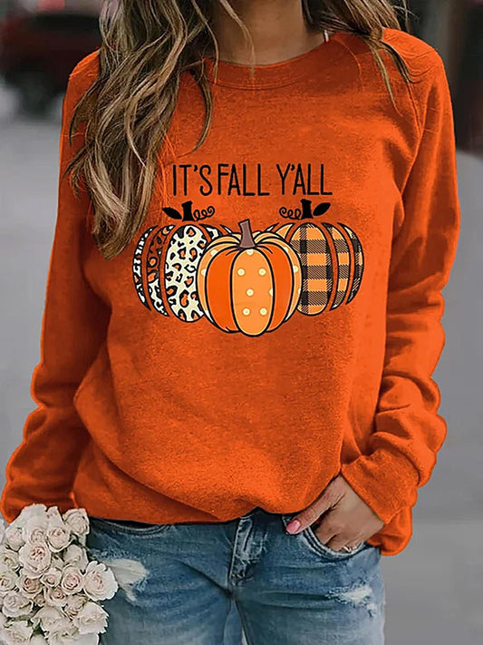 Women's Fall Pumpkin It's Fall Y'all Printed Long Sleeve Casual Top