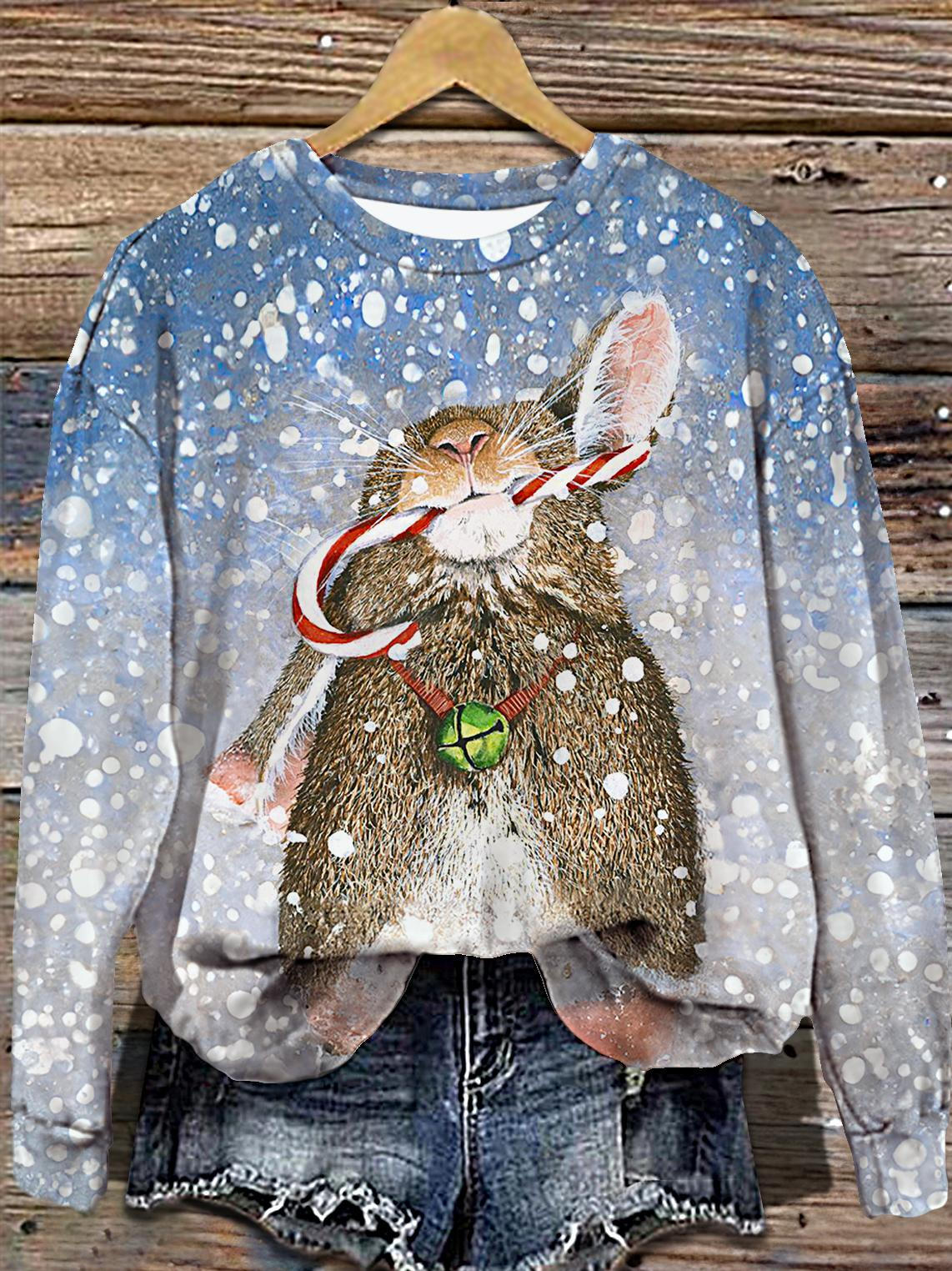 Women's Winter Christmas Snow Bunny Print Round Neck Long Sleeve Top